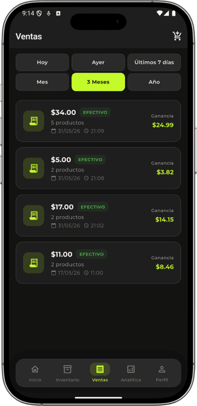 Pantalla de historial de ventas BazarMio