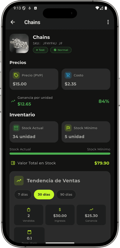 Pantalla de control de stock BazarMio